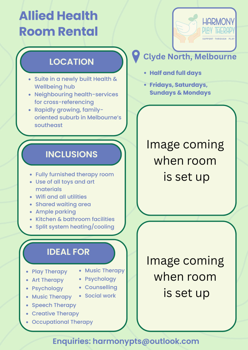 Medical room for rent Harmony Play Therapy Clyde North Victoria Australia